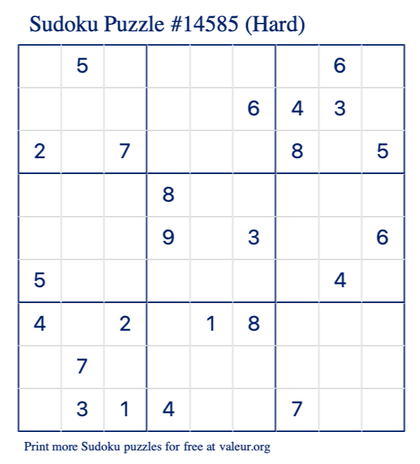 Free Printable Hard Sudoku Puzzle number 14585