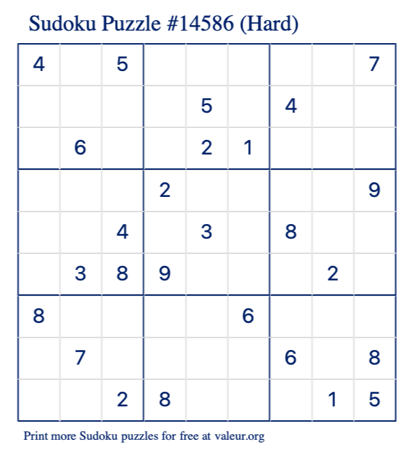 Free Printable Hard Sudoku Puzzle number 14586