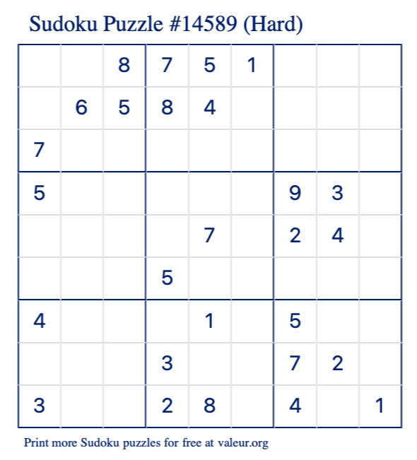 Free Printable Hard Sudoku Puzzle number 14589