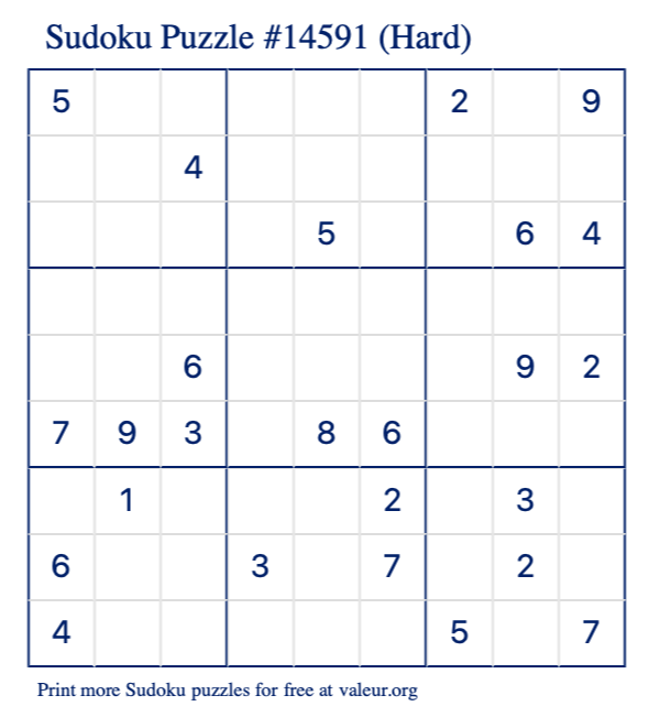 Free Printable Hard Sudoku Puzzle number 14591