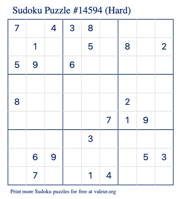 Free Printable Hard Sudoku Puzzle number 14594