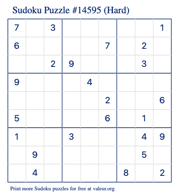 Free Printable Hard Sudoku Puzzle number 14595