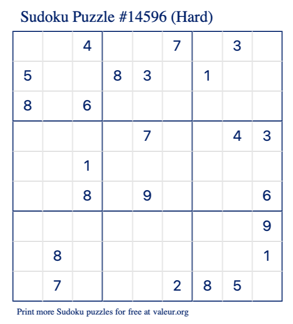 Free Printable Hard Sudoku Puzzle number 14596