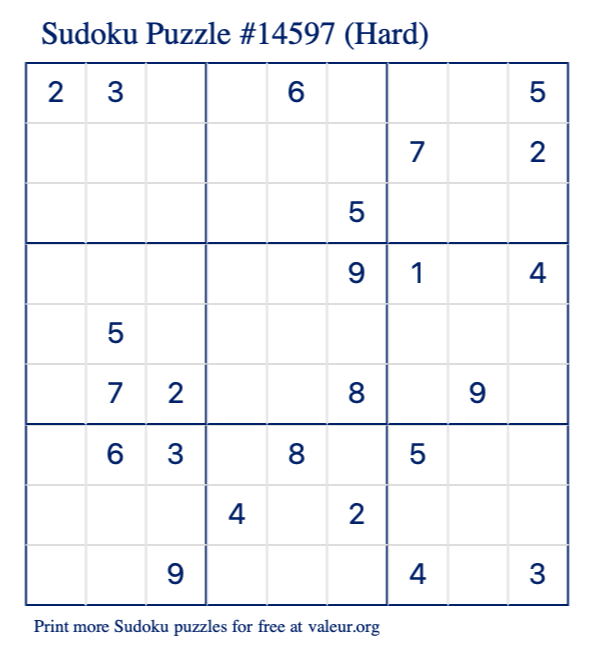 Free Printable Hard Sudoku Puzzle number 14597