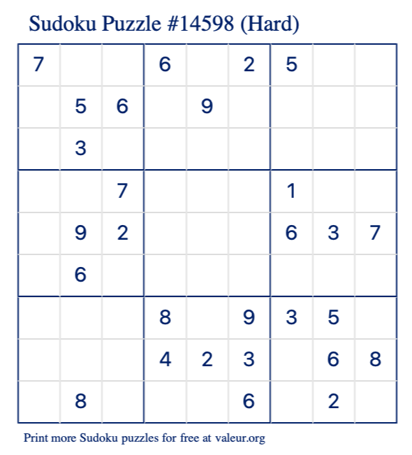 Free Printable Hard Sudoku Puzzle number 14598