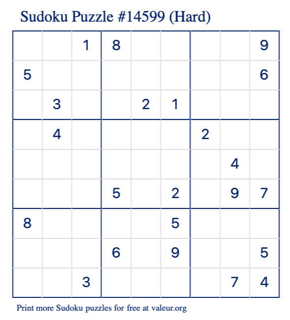 Free Printable Hard Sudoku Puzzle number 14599