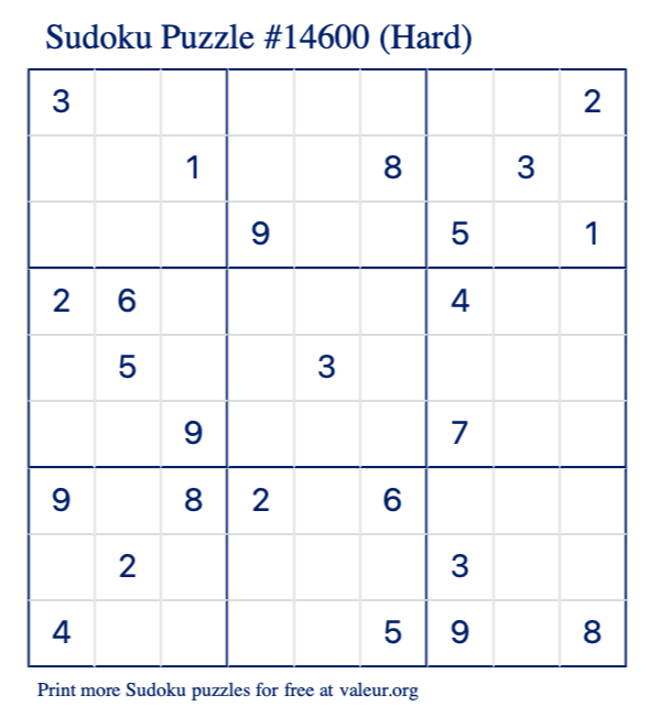 Free Printable Hard Sudoku Puzzle number 14600