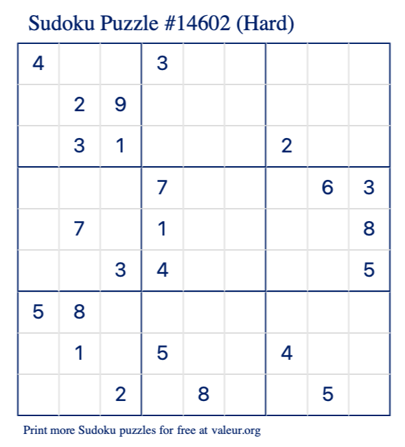 Free Printable Hard Sudoku Puzzle number 14602