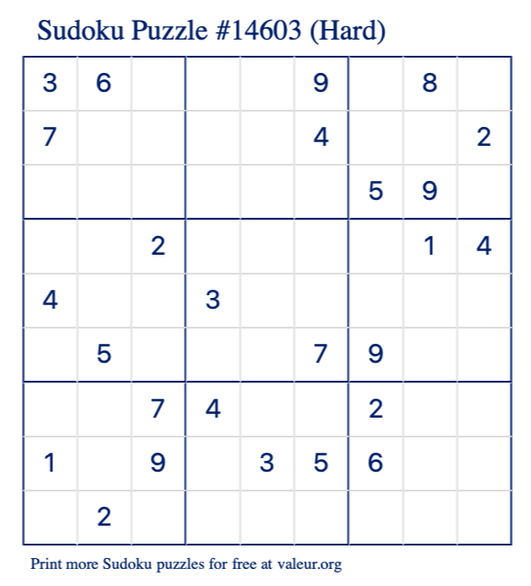 Free Printable Hard Sudoku Puzzle number 14603