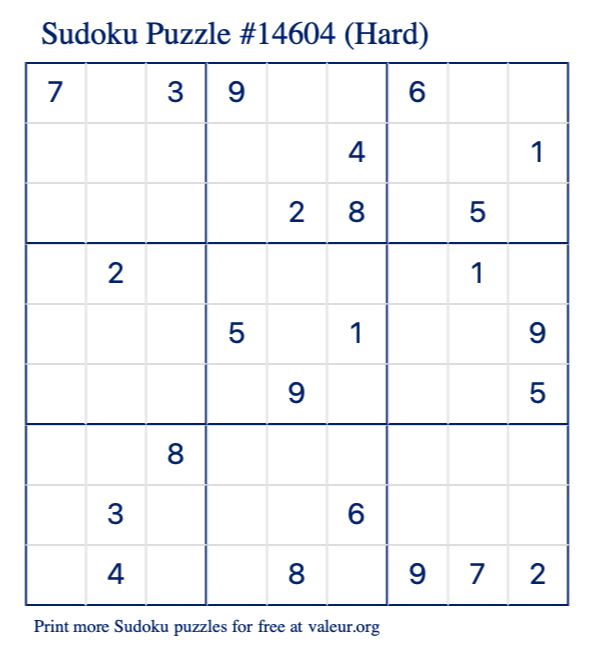 Free Printable Hard Sudoku Puzzle number 14604