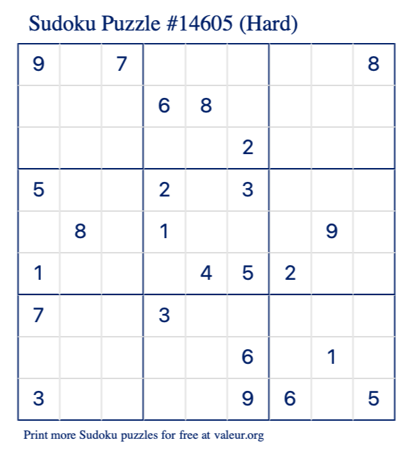 Free Printable Hard Sudoku Puzzle number 14605