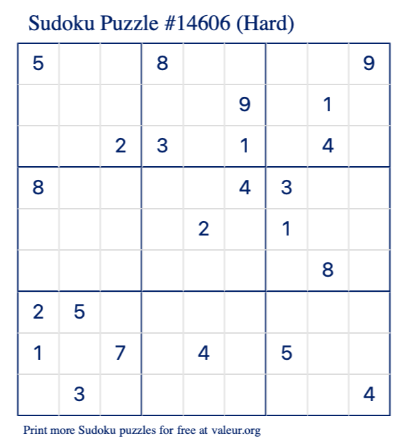 Free Printable Hard Sudoku Puzzle number 14606