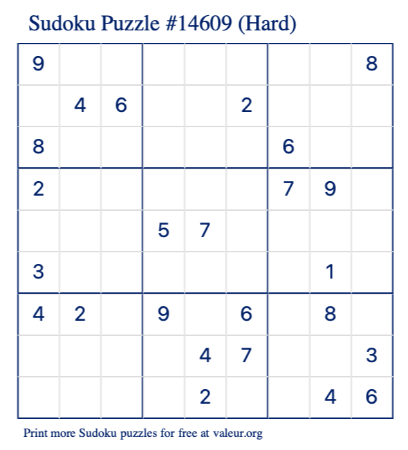 Free Printable Hard Sudoku Puzzle number 14609