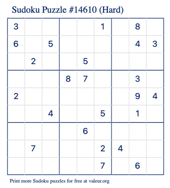 Free Printable Hard Sudoku Puzzle number 14610