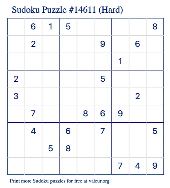 Free Printable Hard Sudoku Puzzle number 14611