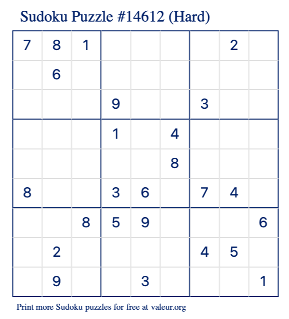 Free Printable Hard Sudoku Puzzle number 14612
