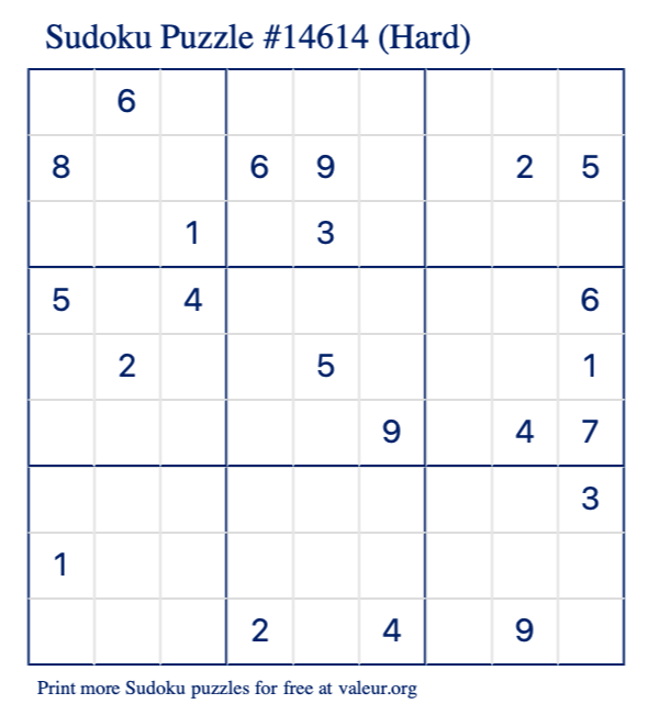Free Printable Hard Sudoku Puzzle number 14614