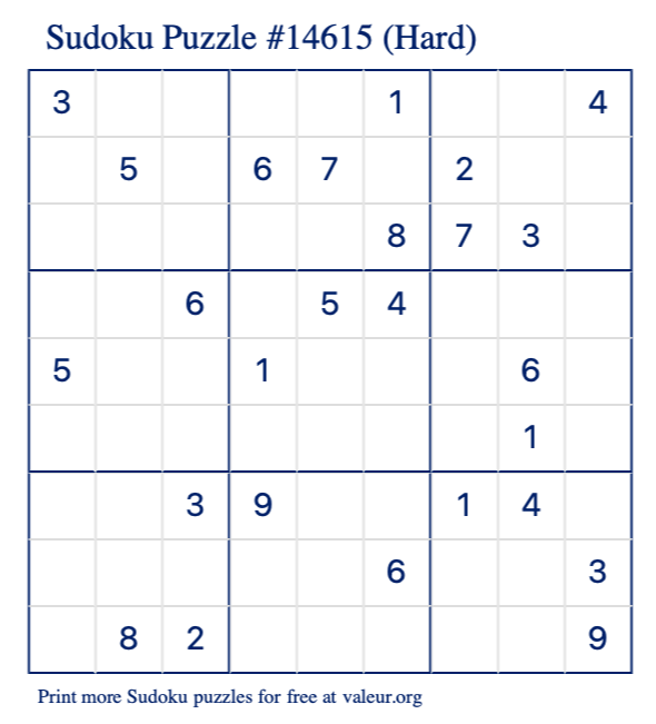 Free Printable Hard Sudoku Puzzle number 14615
