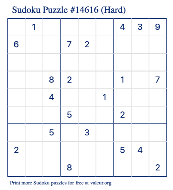 Free Printable Hard Sudoku Puzzle number 14616