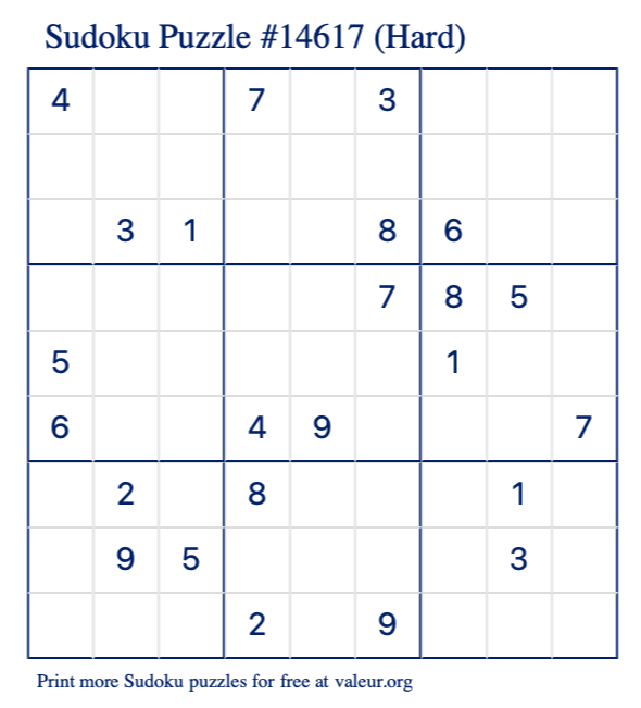 Free Printable Hard Sudoku Puzzle number 14617