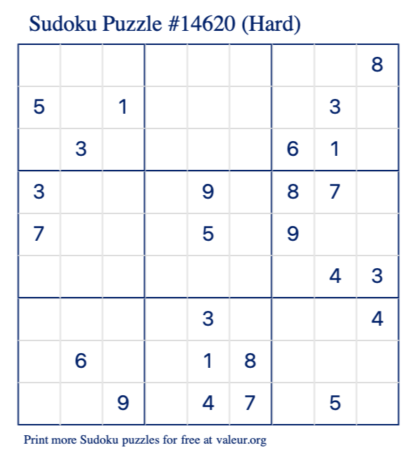 Free Printable Hard Sudoku Puzzle number 14620
