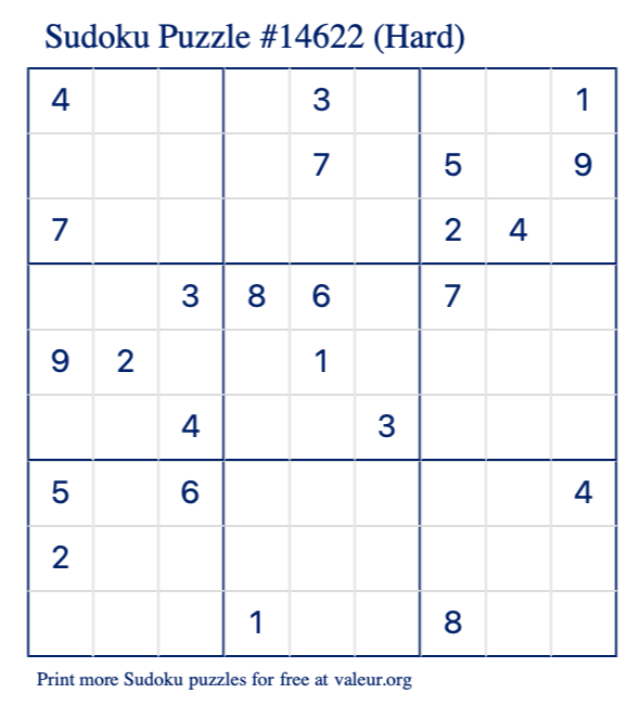 Free Printable Hard Sudoku Puzzle number 14622