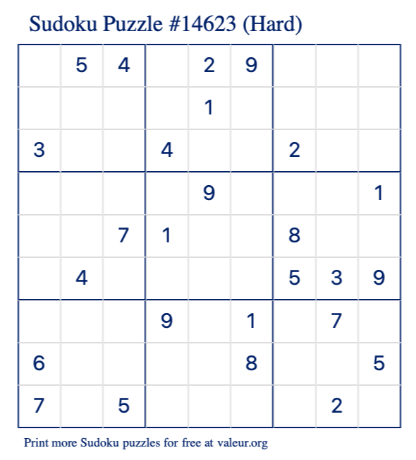 Free Printable Hard Sudoku Puzzle number 14623