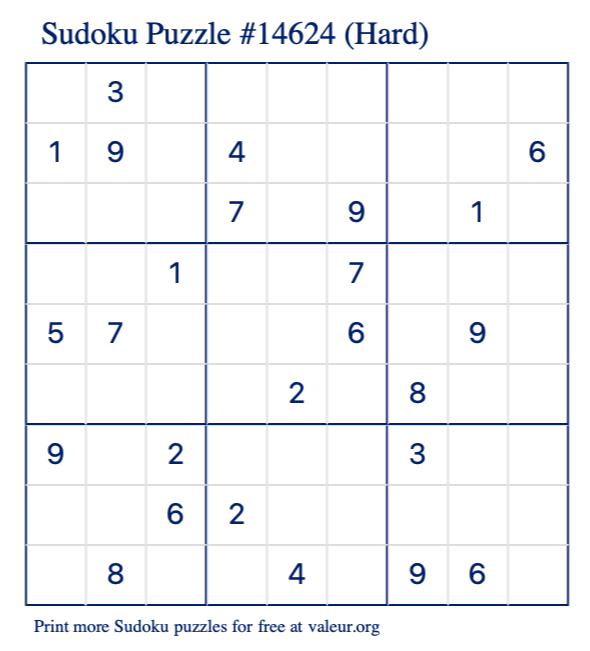 Free Printable Hard Sudoku Puzzle number 14624