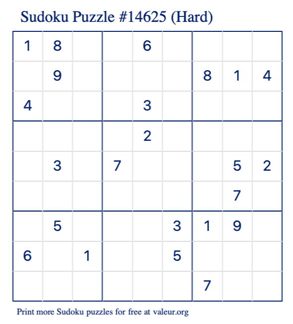 Free Printable Hard Sudoku Puzzle number 14625