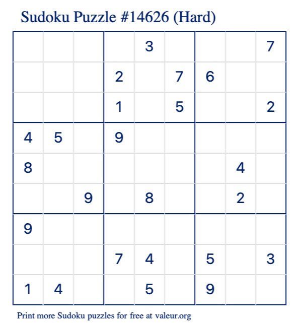 Free Printable Hard Sudoku Puzzle number 14626