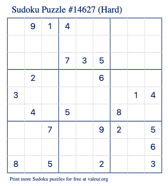 Free Printable Hard Sudoku Puzzle number 14627