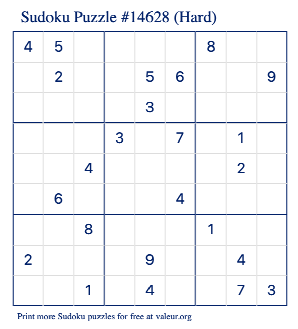 Free Printable Hard Sudoku Puzzle number 14628