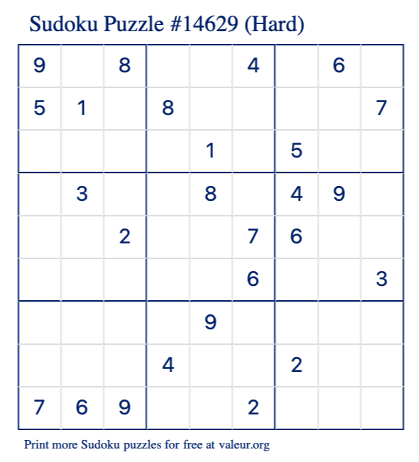 Free Printable Hard Sudoku Puzzle number 14629