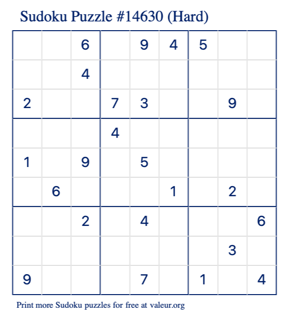 Free Printable Hard Sudoku Puzzle number 14630