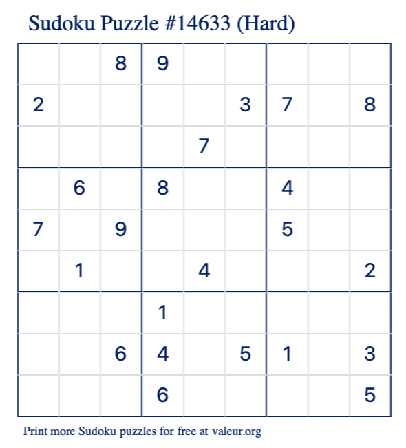 Free Printable Hard Sudoku Puzzle number 14633