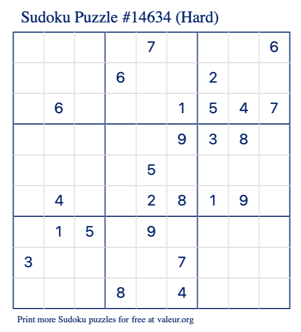 Free Printable Hard Sudoku Puzzle number 14634