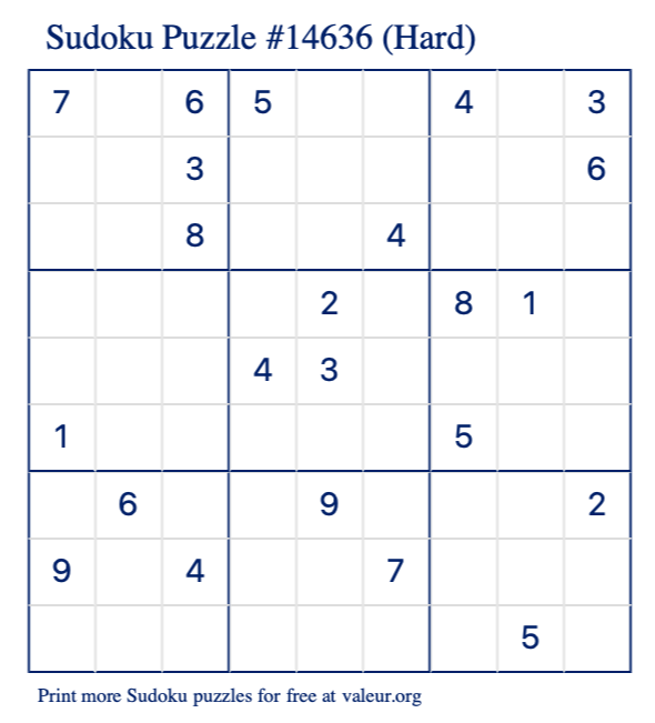 Free Printable Hard Sudoku Puzzle number 14636