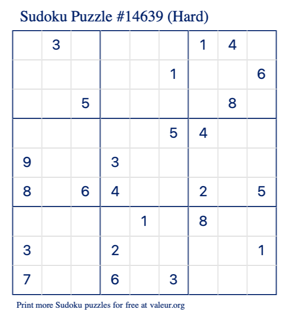 Free Printable Hard Sudoku Puzzle number 14639