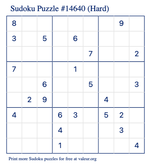 Free Printable Hard Sudoku Puzzle number 14640