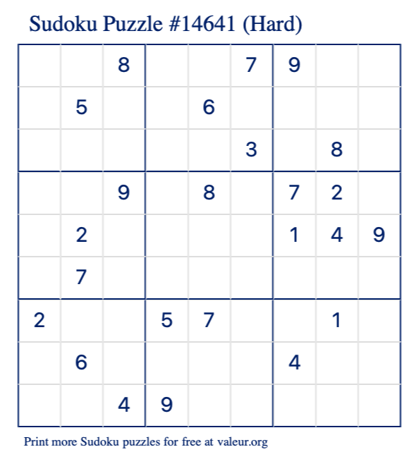 Free Printable Hard Sudoku Puzzle number 14641
