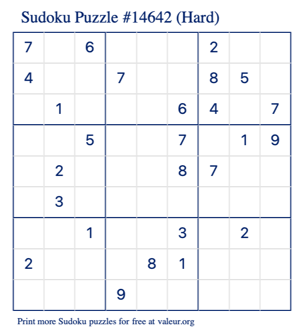 Free Printable Hard Sudoku Puzzle number 14642