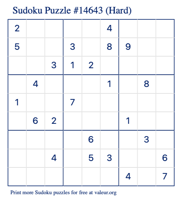 Free Printable Hard Sudoku Puzzle number 14643
