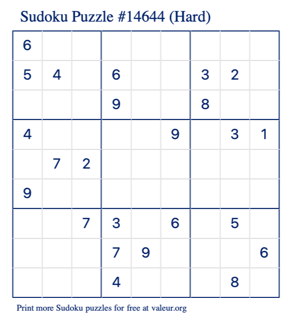 Free Printable Hard Sudoku Puzzle number 14644
