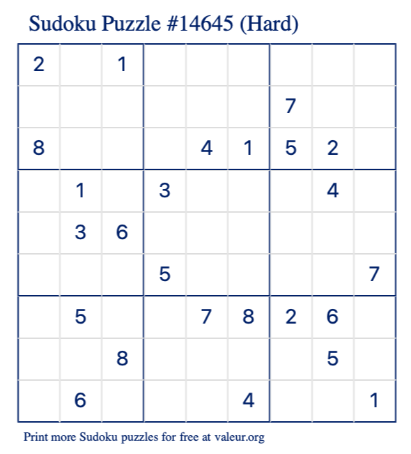 Free Printable Hard Sudoku Puzzle number 14645