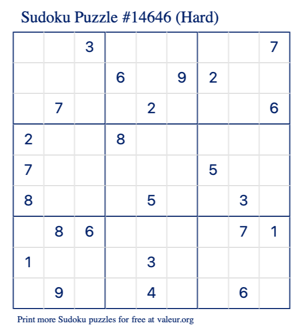 Free Printable Hard Sudoku Puzzle number 14646