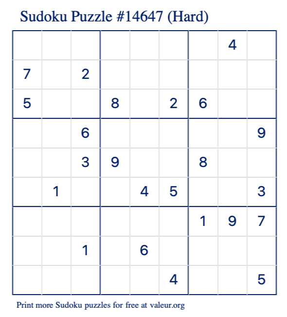 Free Printable Hard Sudoku Puzzle number 14647