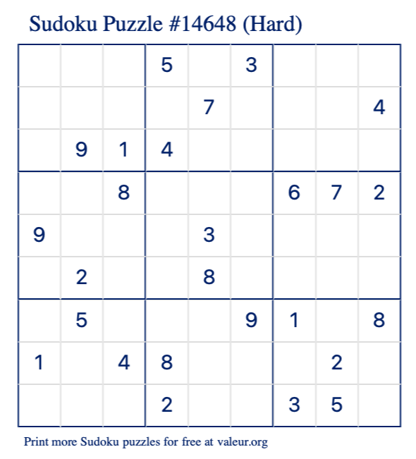 Free Printable Hard Sudoku Puzzle number 14648