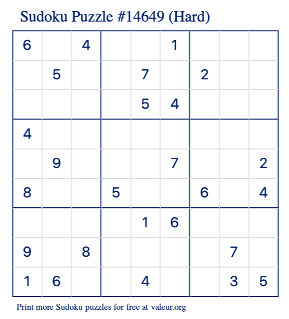 Free Printable Hard Sudoku Puzzle number 14649
