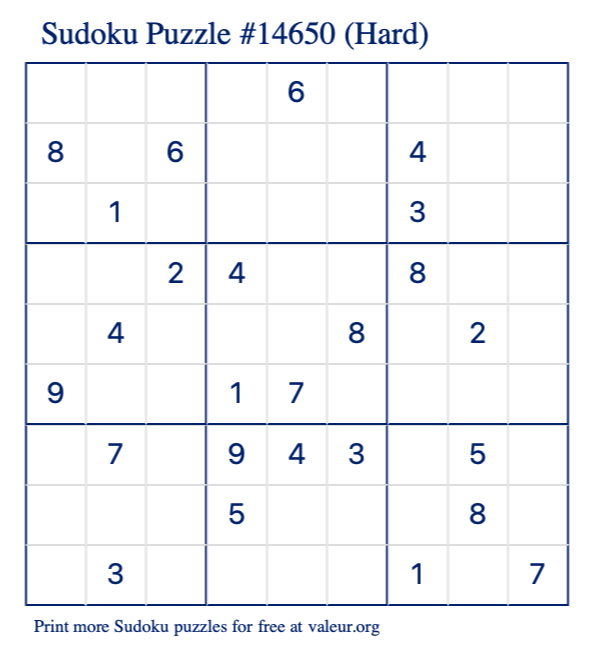 Free Printable Hard Sudoku Puzzle number 14650