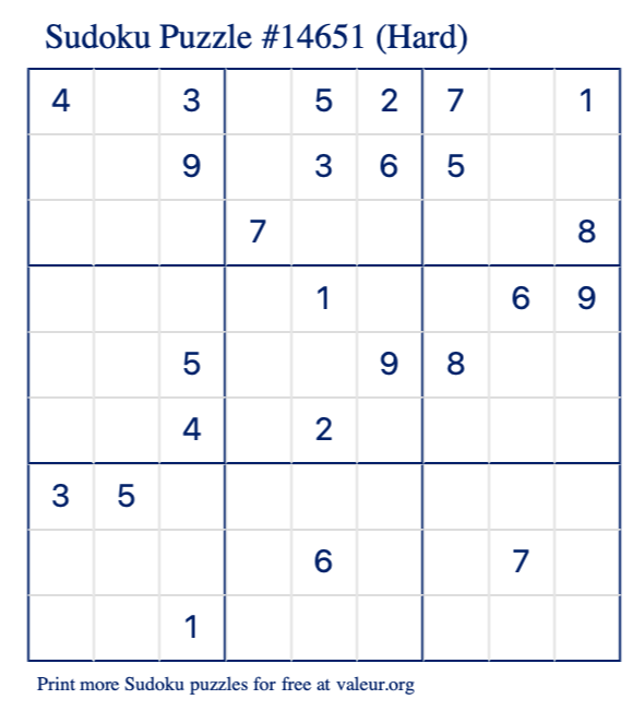 Free Printable Hard Sudoku Puzzle number 14651